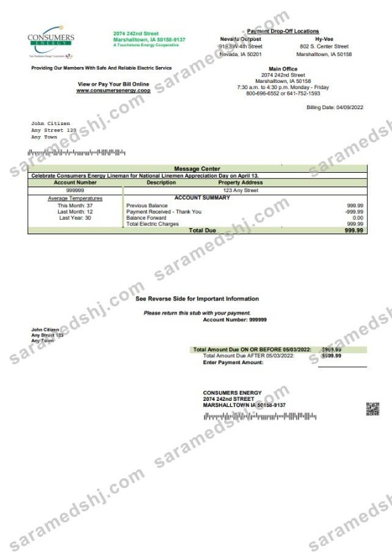 USA Consumers Energy utility bill template in Word and PDF format